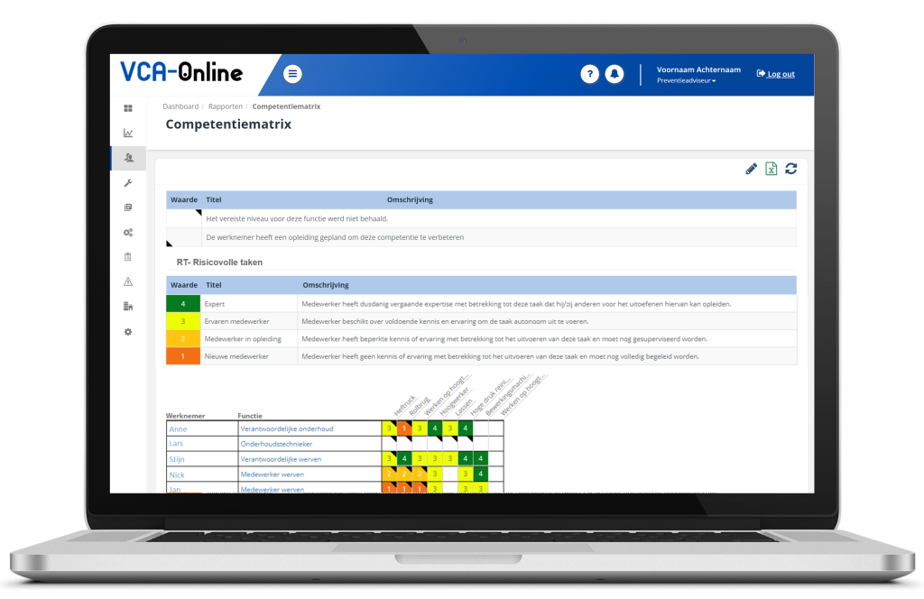 VCA-Online preview competentiematrix laptop